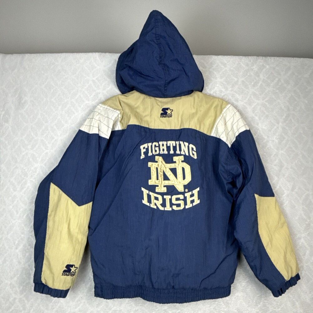 Vtg Starter Jacket Youth Boys M Blue 1/2 Zip Hood Fighting Irish 90s Streetwear